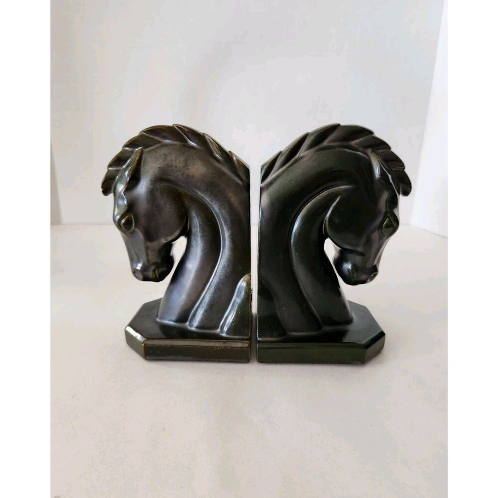 Mid-century Black Ceramic Horsehead Bookends Equestrian Stallion Set Of 2